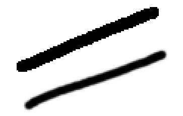 Ukázka linie vytvořené nástrojem tužka (nahoře) a nástrojem štětec (dole) při identickém nastavení nástrojů