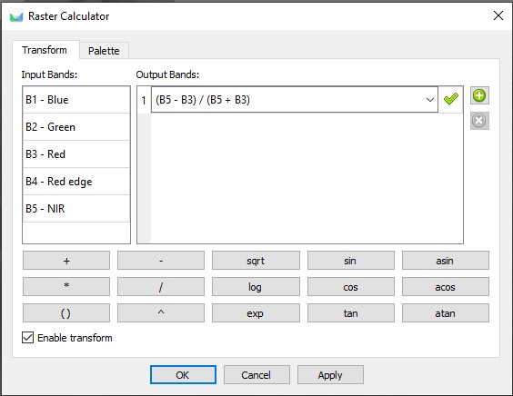 Nástroj Raster Calculator softwaru Agisoft Metashape pro výpočet libovolného indexu z dostupných pásem multispektrálních snímků.