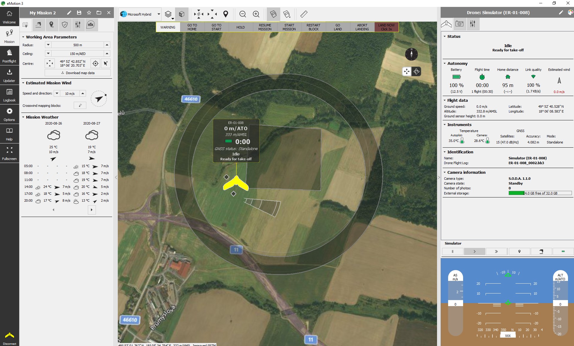 Prostředí software eMotion. Vlevo záložky pro přípravu letové mise, uprostřed mapa se zobrazením letové mise, vpravo okno připojeného UAV či simulátoru letu s UAV.